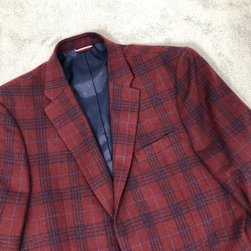 Tommy Hilfiger Blazer Men's 40L Burgundy Blue Plaid Two Button Sport Coat Jacket